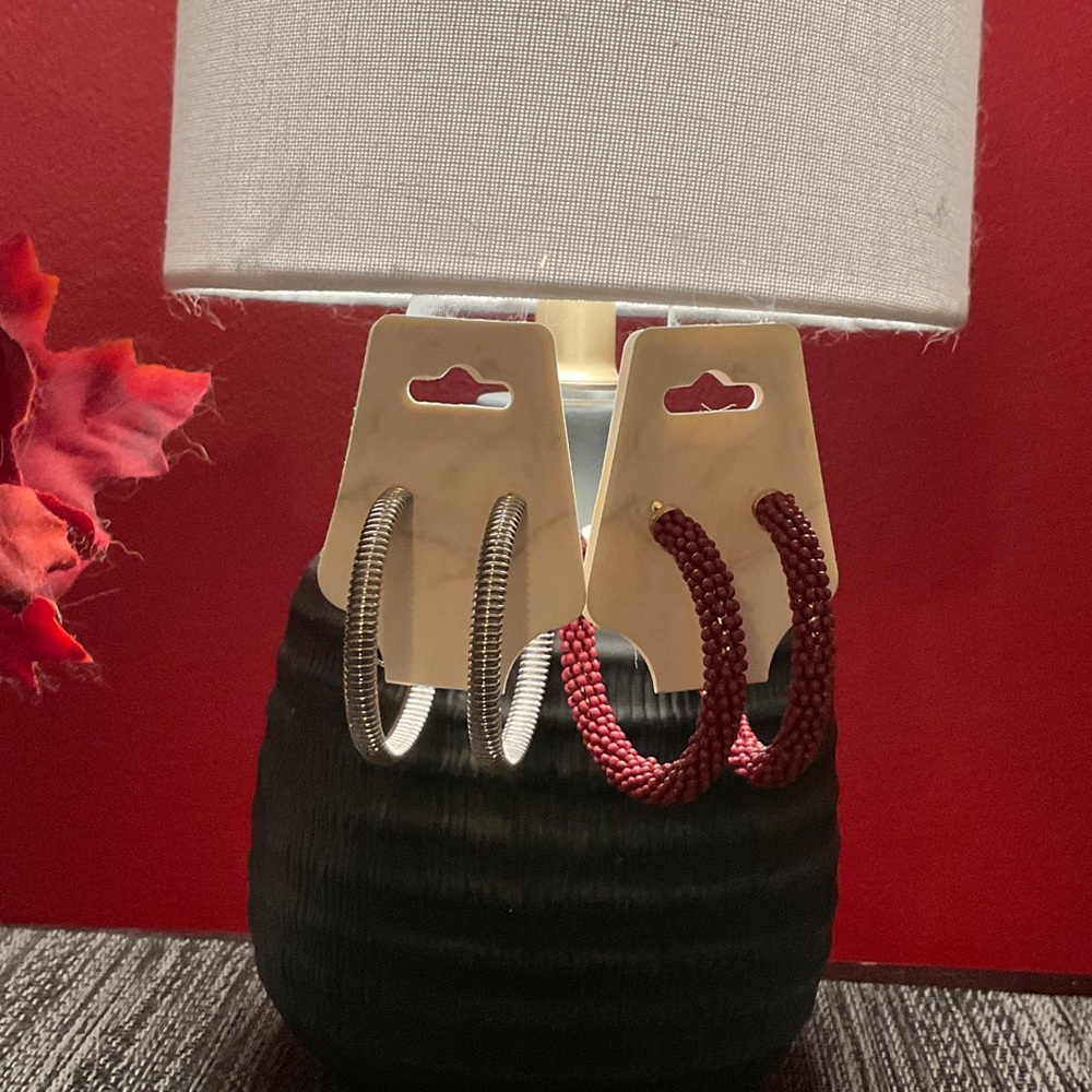 Silver and Red Hoop Earrings Set